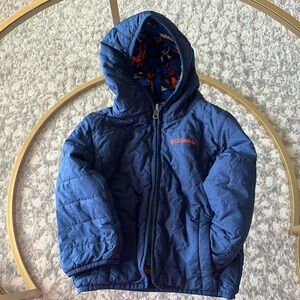 EUC Reversible Toddler Columbia Blue and Animal Fleece Hooded Jacket, 12-18 M
